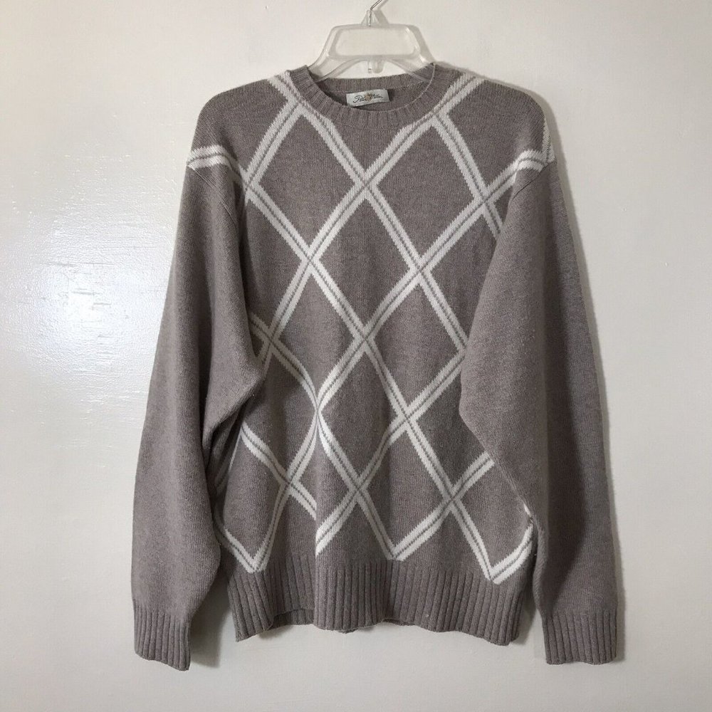 EUC Peter Millar 100% Cashmere Light Tan Argyle Soft Knit Large Sweater Crewneck